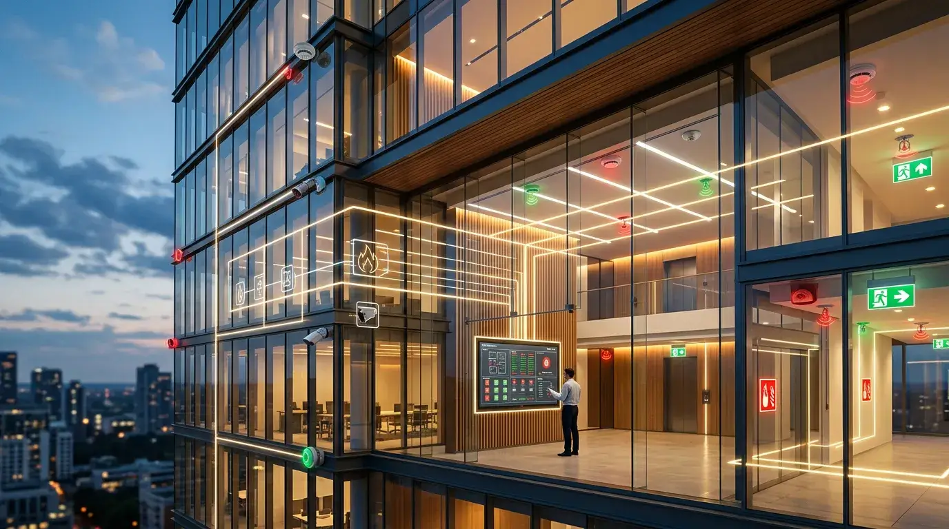 Integrated fire safety system connected to smart building automation and emergency response controls